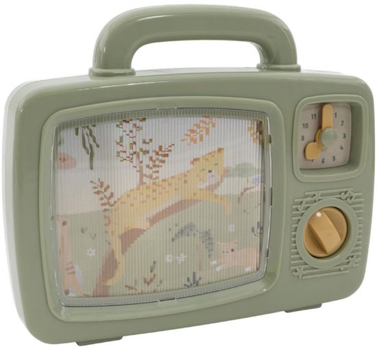 Lichtgroene muzikale tv met een tijger op het scherm. Het apparaat heeft een handvat, een klok en een draaiknop.