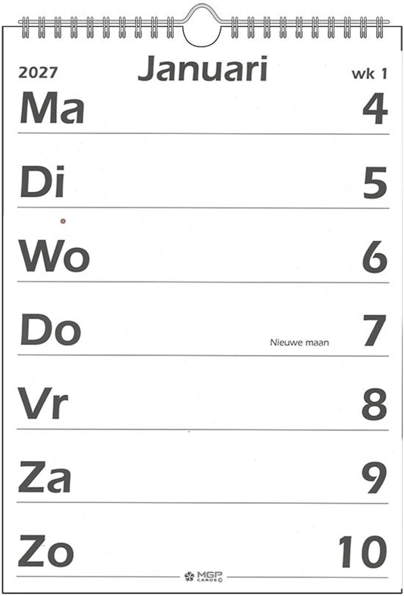 MGPcards - Grootletter kalender 2027 - Week begint op maandag - Formaat: 21 x 34 cm