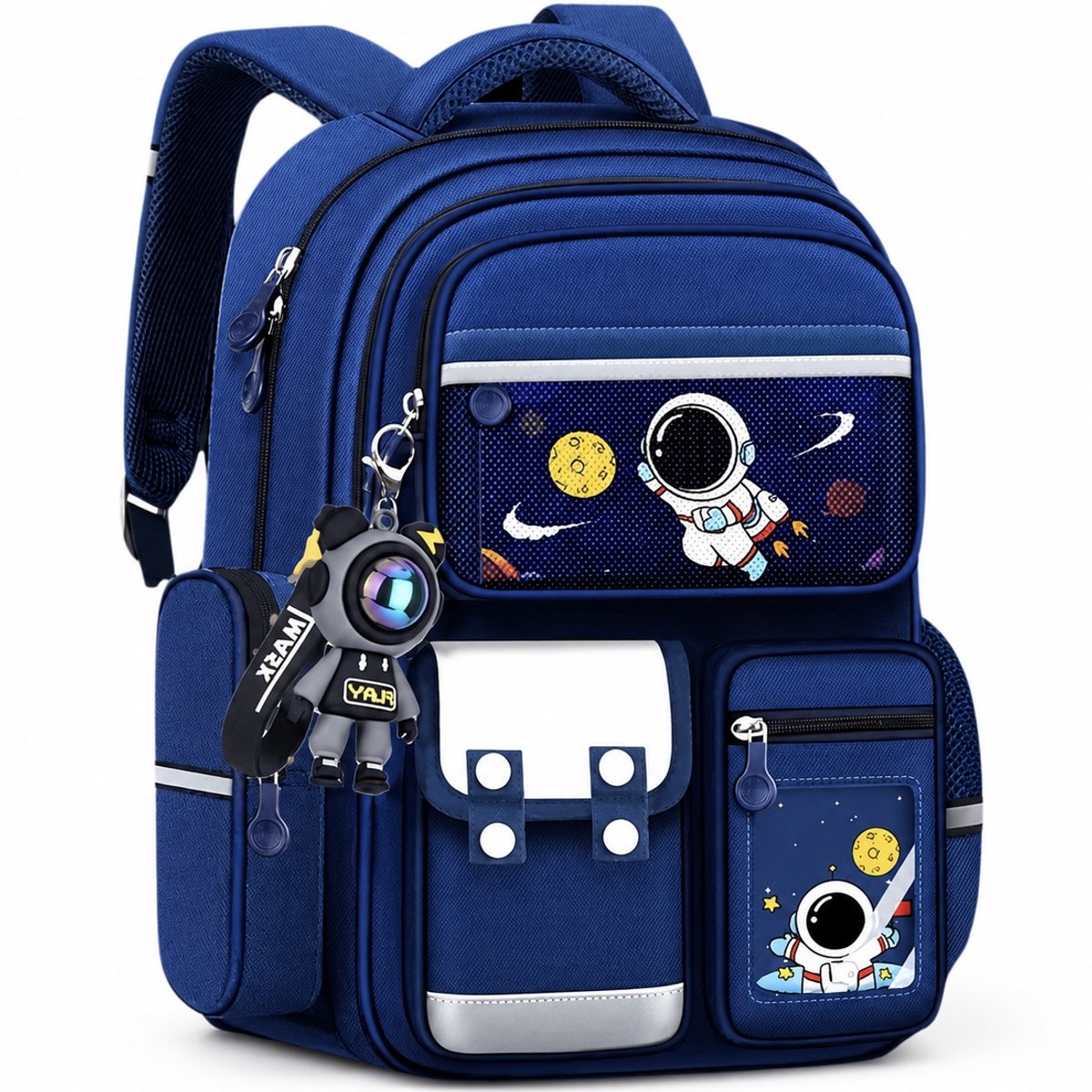Ultiluxe® Schoolrugzak astronaut - Rugtas voor kinderen - Schooltas basisschool jongens - Kinderrugzak met sleutelhanger - Ergonomische schouderbanden gevoerd - 42 x 32 x 20 cm - Reflecterende details ruimteprint - 27L - Blauw