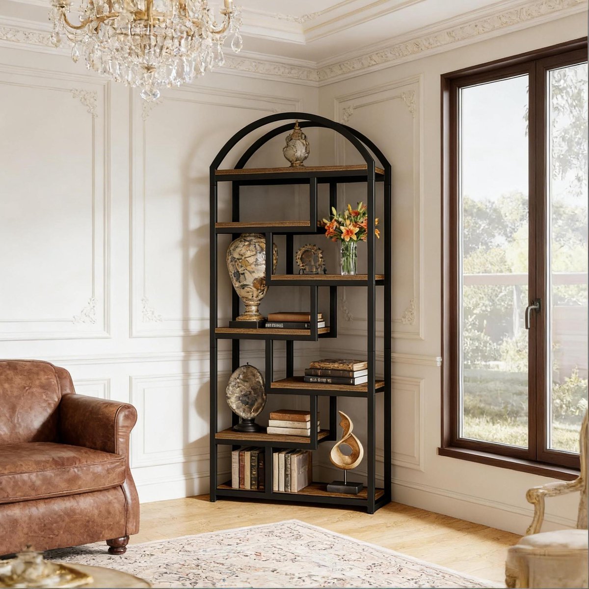 REDOM - Boekenkast - Industrieel - Open ontwerp - 7 niveaus - Metaal en MDF - Zwart en Rustiek bruin - 80 x 30 x 180 cm