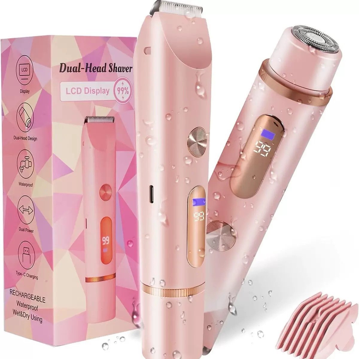 longziming - 2-in-1 Elektrisch Scheerapparaat voor Vrouwen - IPX7 - Draadloze Trimmer voor Gezicht, Benen, Armen en Oksels - Intieme Verzorging - roze