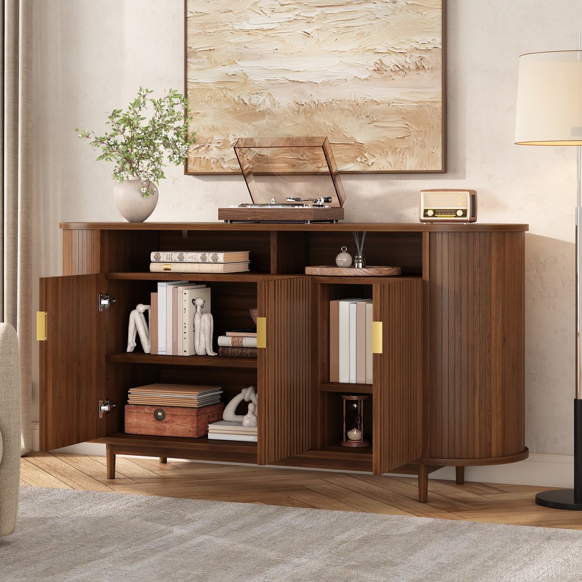 MIVRAY Dressoir - Modern Sideboard Met Drie Deuren En Open Vak - Voor Woonkamer En Eetkamer - Houtlook MDF Spaanplaat - 140x40x78 Cm - Naturel