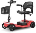 Rode scootmobiel met zwart zitje en mandje.