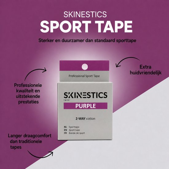 Doosje paarse Skinestics sporttape 'Professional Sport Tape PURPLE' met tekst 'Extra huidvriendelijk', 'Professionele kwaliteit en uitstekende prestaties', 'Langer draagcomfort dan traditionele tapes'.