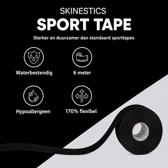 Een rol zwarte Skinestics sporttape. Waterbestendig, 6 meter, hypoallergeen, 170% flexibel.