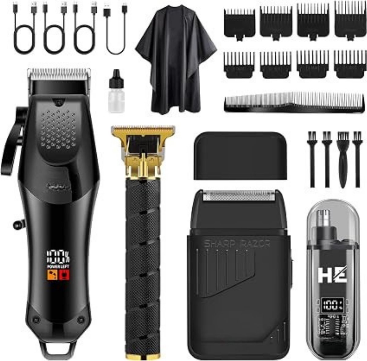 Thuys - Professionele Tondeuse Set voor Heren – 3-in-1 – Baardtrimmer – Scheerapparaat – Neustrimmer – Verstelbare Kam – 1500 mAh – USB Oplaadbaar – LED Display – Zwart