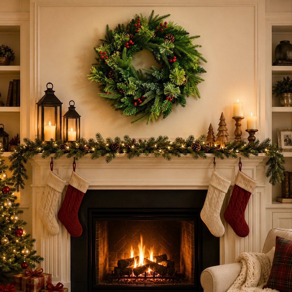 Meedeer Kerstkransen met Decoraties & LED verlichting(40cm)-Kerstkrans-Groen-Met 8 verlichtingsmodi-Met rode vrucht-PE+PVC-materiaal-Deurkransen kerstversiering- Kerstdecoratie - Kerstmis – foto 2