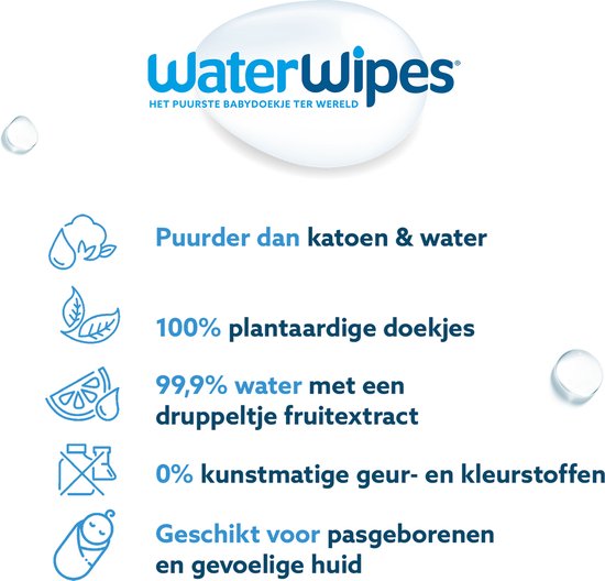 WaterWipes: Puurder dan katoen & water, 100% plantaardig, 99,9% water, 0% kunstmatig. Voor gevoelige huid.
