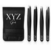 Zwarte pincetten set van XYZ Goods met puntige, schuine en platte uiteinden, inclusief zwart lederen hoesje.