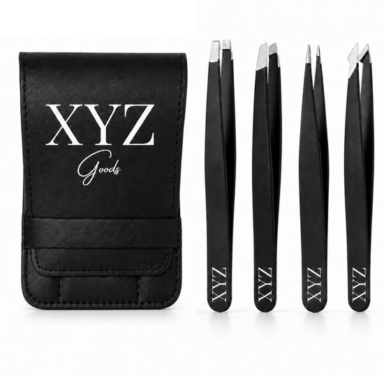 Zwarte pincetten set van XYZ Goods met puntige, schuine en platte uiteinden, inclusief zwart lederen hoesje.