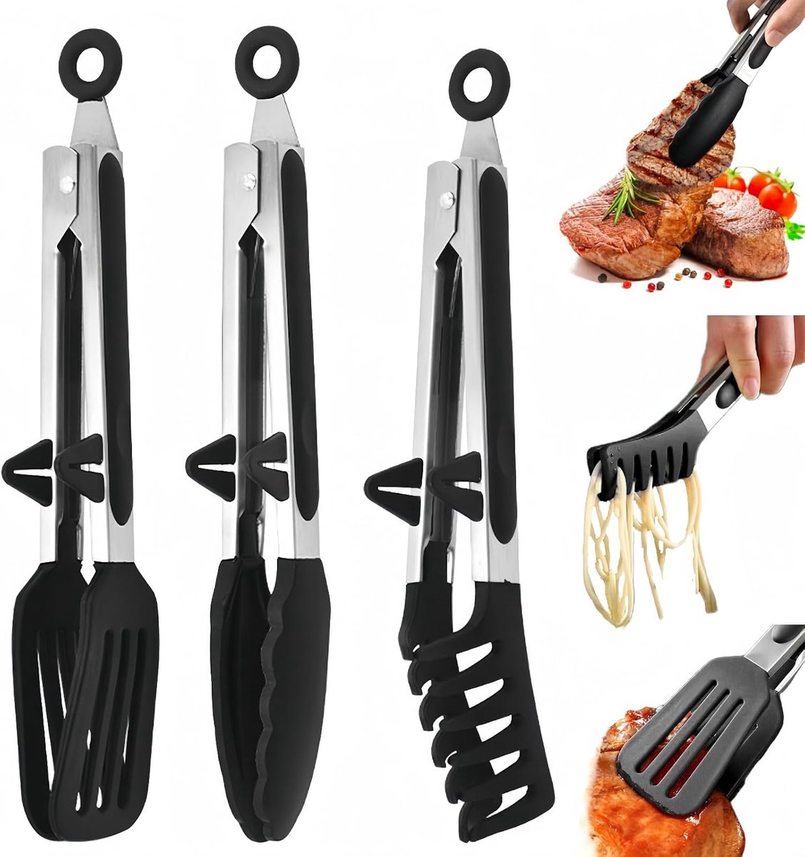 QTTVBTNA – 3 Stuks RVS Keukentangen – Grilltangen met Standaard – Keukentang voor Koken, Grillen, BBQ en Serveren – Keukenaccessoires BPA-vrij – 27cm