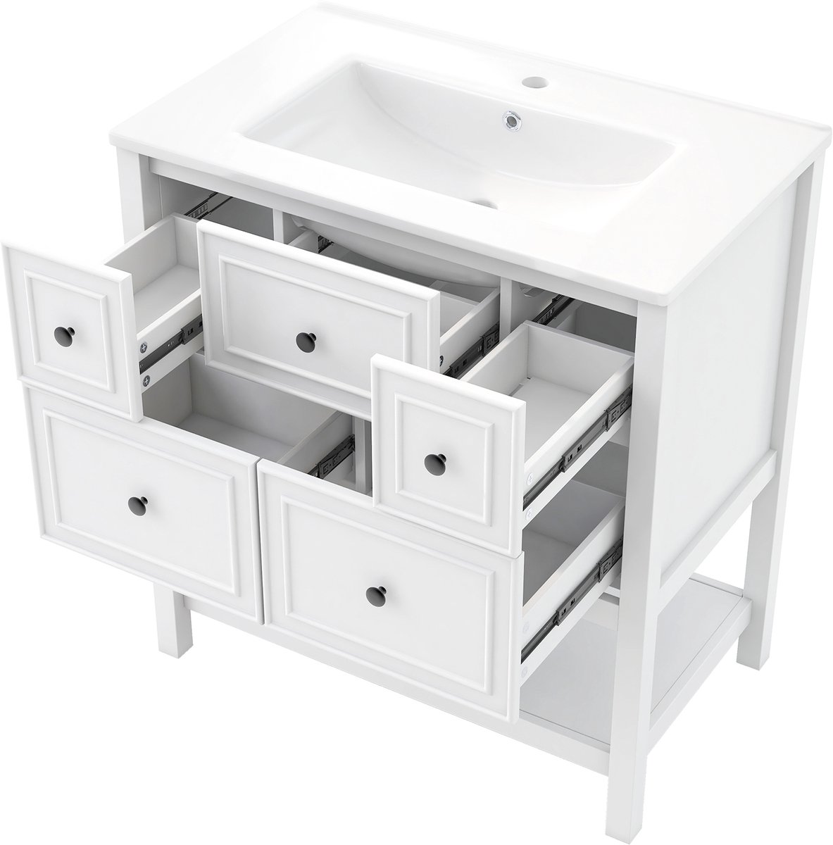 Vrijstaand Wastafelmeubel - Badkamermeubel 76 cm - Wastafelkast - Met 5 Lades - 76x46,5x82 cm - Keramische Wasbak - Badkamer Wit