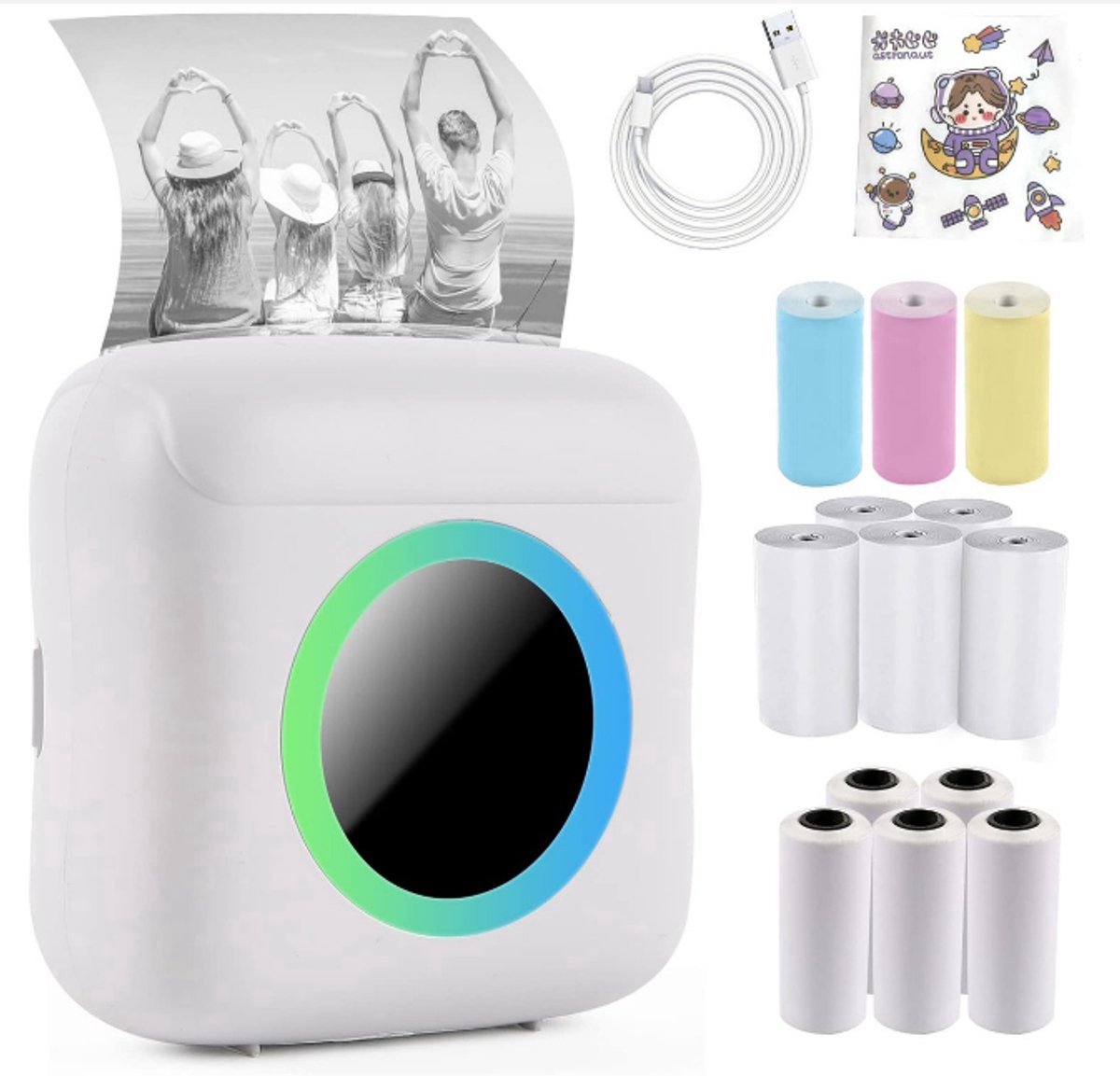 Mobiele fotoprinter - Pocket printer - Mini printer voor mobiel - Foto-etiketten Memo Ontvangstbewijs Papier Printer - met licht 13 rollen printerpapier - voor Smartphone met Android, iOS Systeem - Sticker printer - 5 Pennen