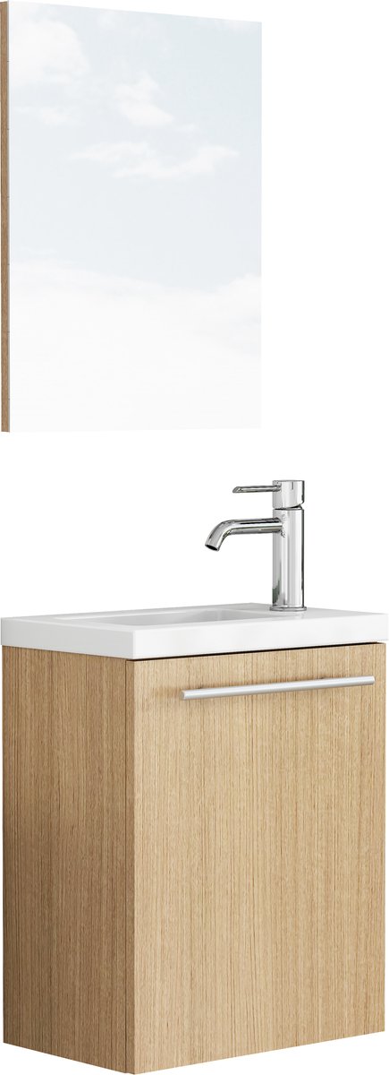 Zwevend badkamermeubel eiken - Wastafelmeubel met keramische wasbak - Voorgemonteerd - Inclusief spiegel - MDF - Kleine badkamers - 40x25x48cm - Eikenkleur