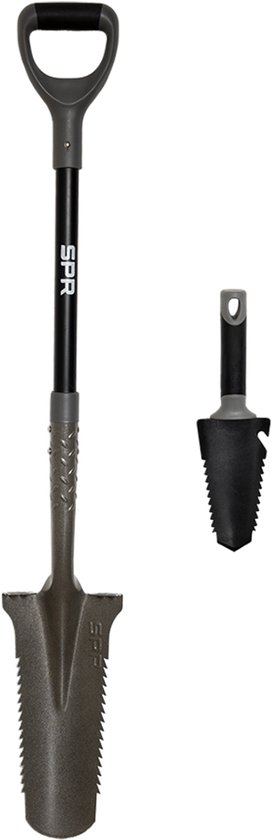 SPR spade en hand spade, beide met gekartelde randen en grijze handgrepen, op witte achtergrond.