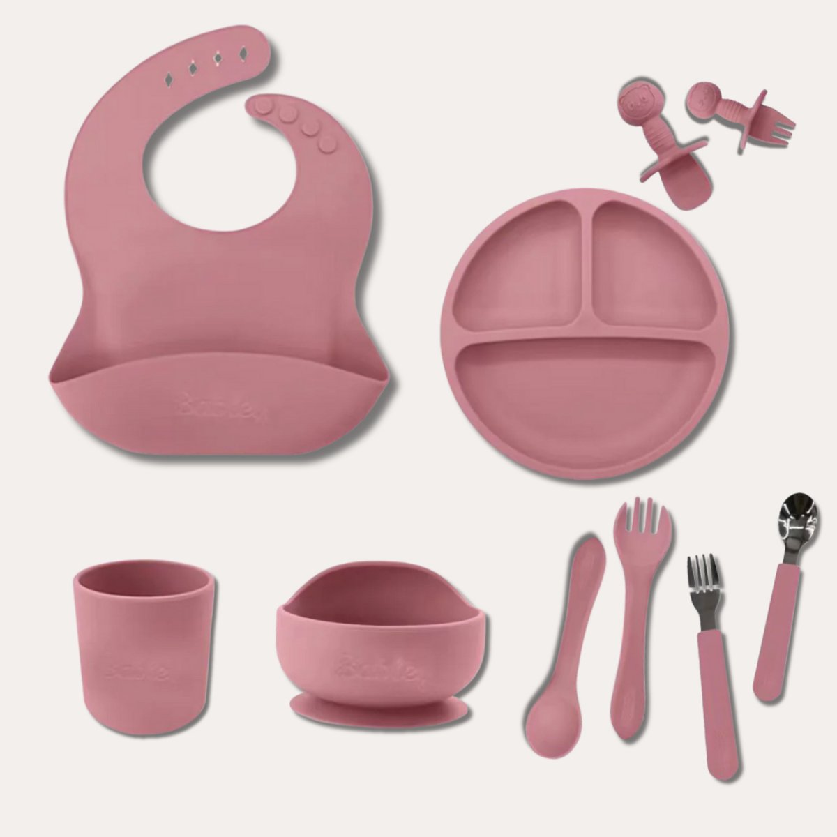 Babley Kinderservies – Baby Voedingsset 10-delig – Siliconen – Met Zuignap – Open Beker – Meegroeiend Bestek – Roze