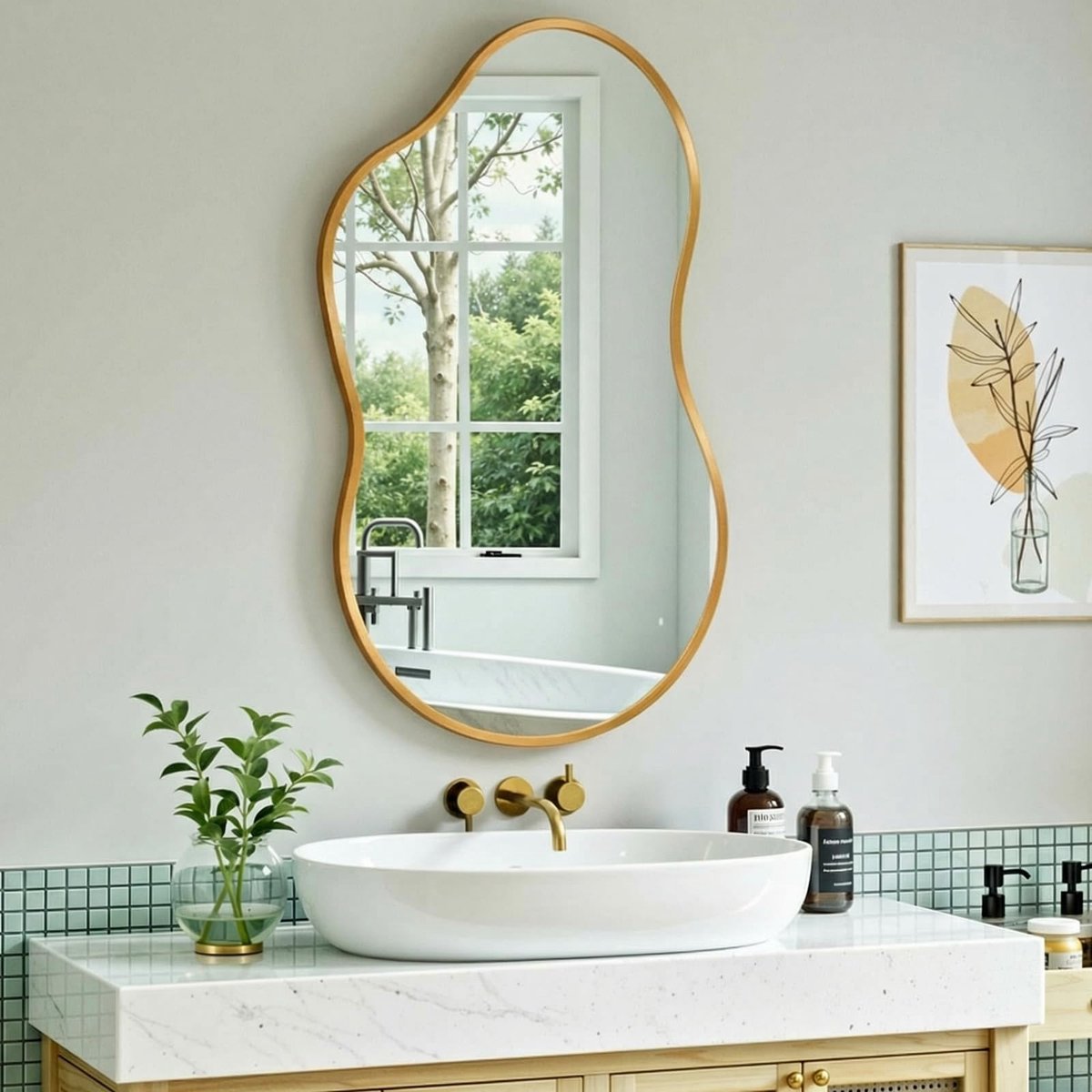 Asymmetrische spiegel - Wandspiegel - 50 x 91 cm - Gehard glas - Aluminium frame - Goud