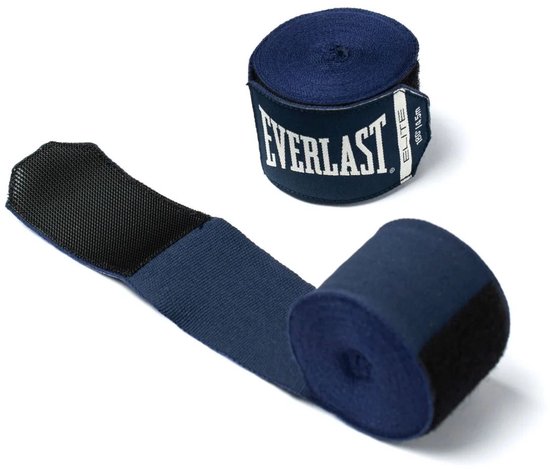 Donkerblauwe Everlast Elite handwraps van 457 cm, één uitgerold met klittenband, één opgerold.