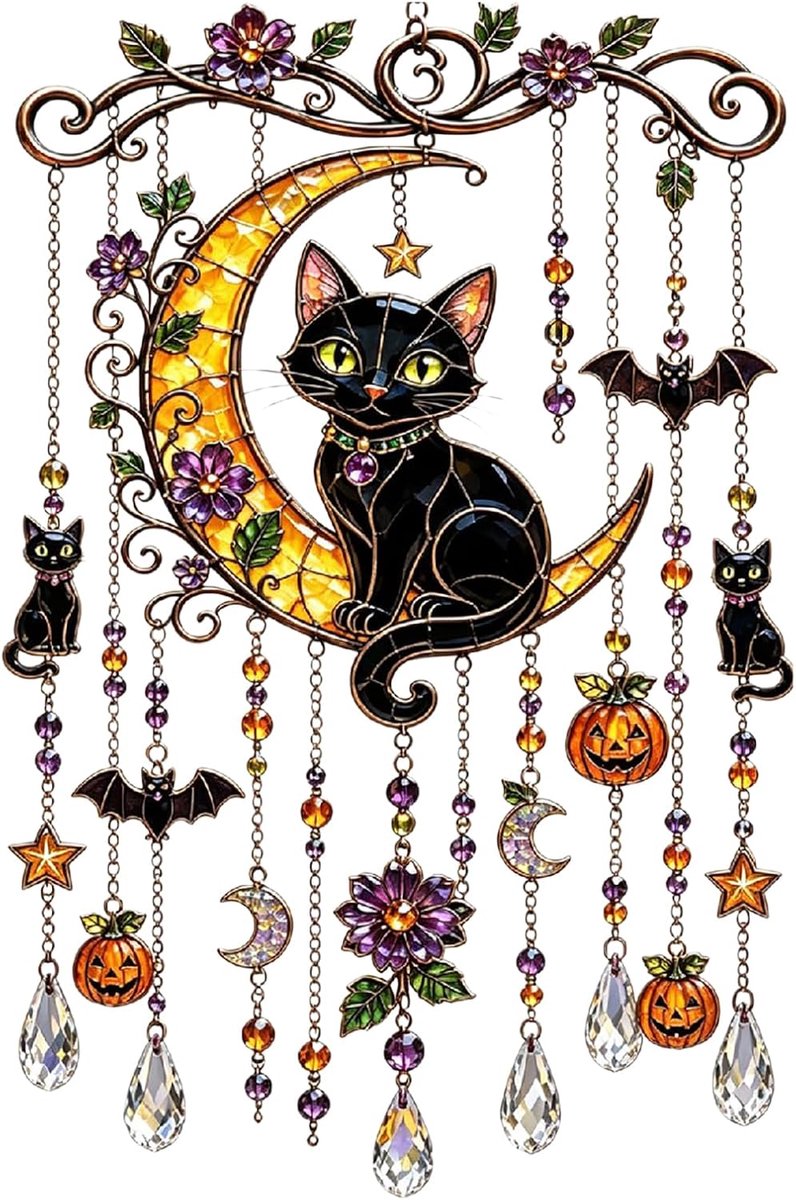 Halloween-windgong – Zwarte kat en maan-zonnevanger – Decoratieve hangende versiering – Geschikt voor ramen, tuinen en feestjes – Materiaal: acryl - 16.5 x 32 cm