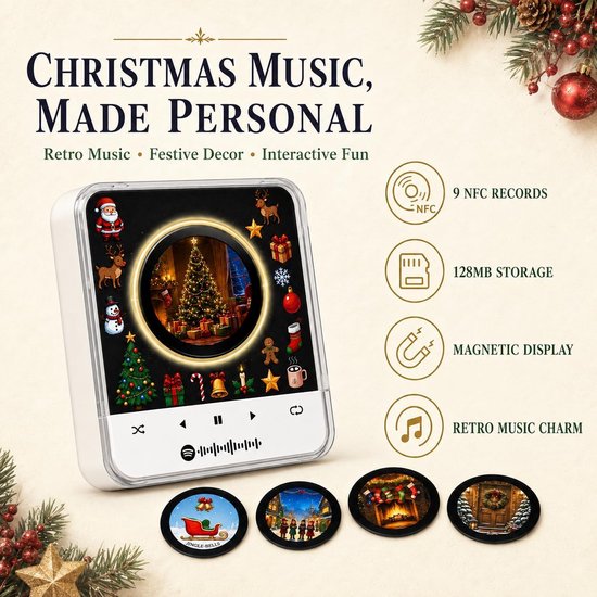 Kerst Muziek Magneten Voor Koelkast - Met LED-licht & 9 NFC Mini Vinylplaten - Muziekdoos Kit - USB-Oplaadbaar - Complete NFC-discspeler voor vinylliefhebbers - herbruikbaar decor voor kerstdecoraties, keuken en feest - Kersteditie 03 — afbeelding 5