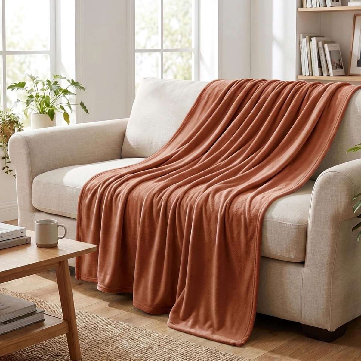 Aisbo Knuffeldeken, pluizige deken, oranje, fleecedeken, warme bankdeken voor de winter, behaaglijke woondeken - ShopVlot