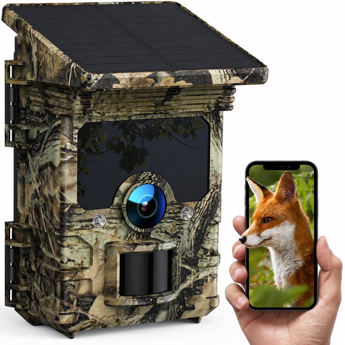 Wildcamera 4K 30FPS – 68MP – Zonnepaneel – WiFi – Nachtzicht 20M – Bewegingssensor – IP66 Waterdicht
