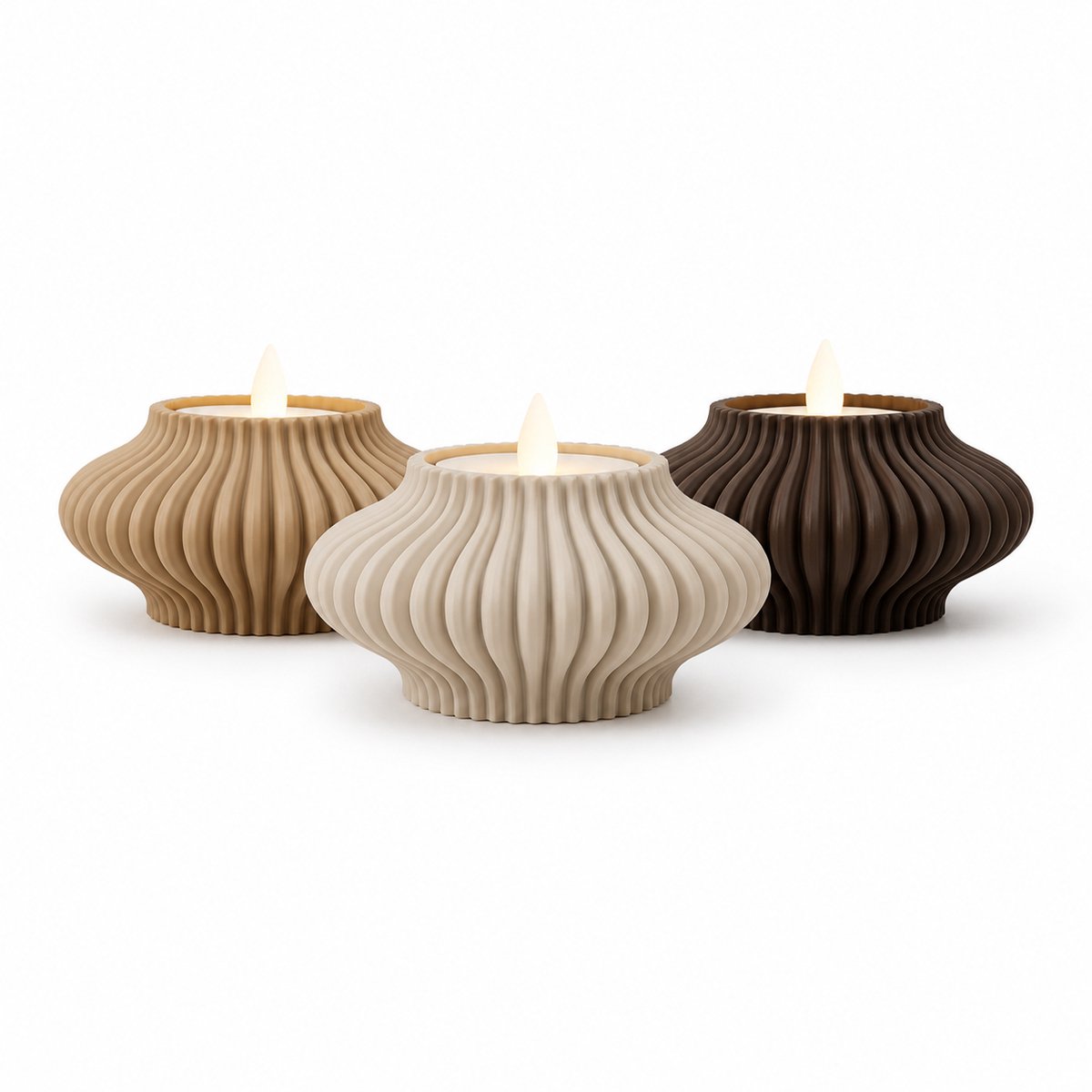 LED Theelichthouders Set van 3 – 3D Geprinte Kaarsenhouders – Geribbeld Design – Moderne Woondecoratie