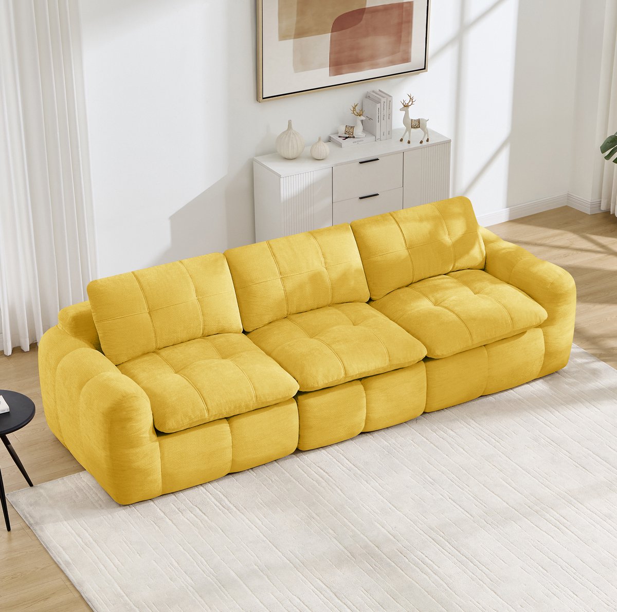 REDOM - Bank - 3-zits modulsofa - Gecapitonneerd patroon - Chenille bekleding - Zonder montage - Woonkamer - Geel - 264 x 97 x 68 cm