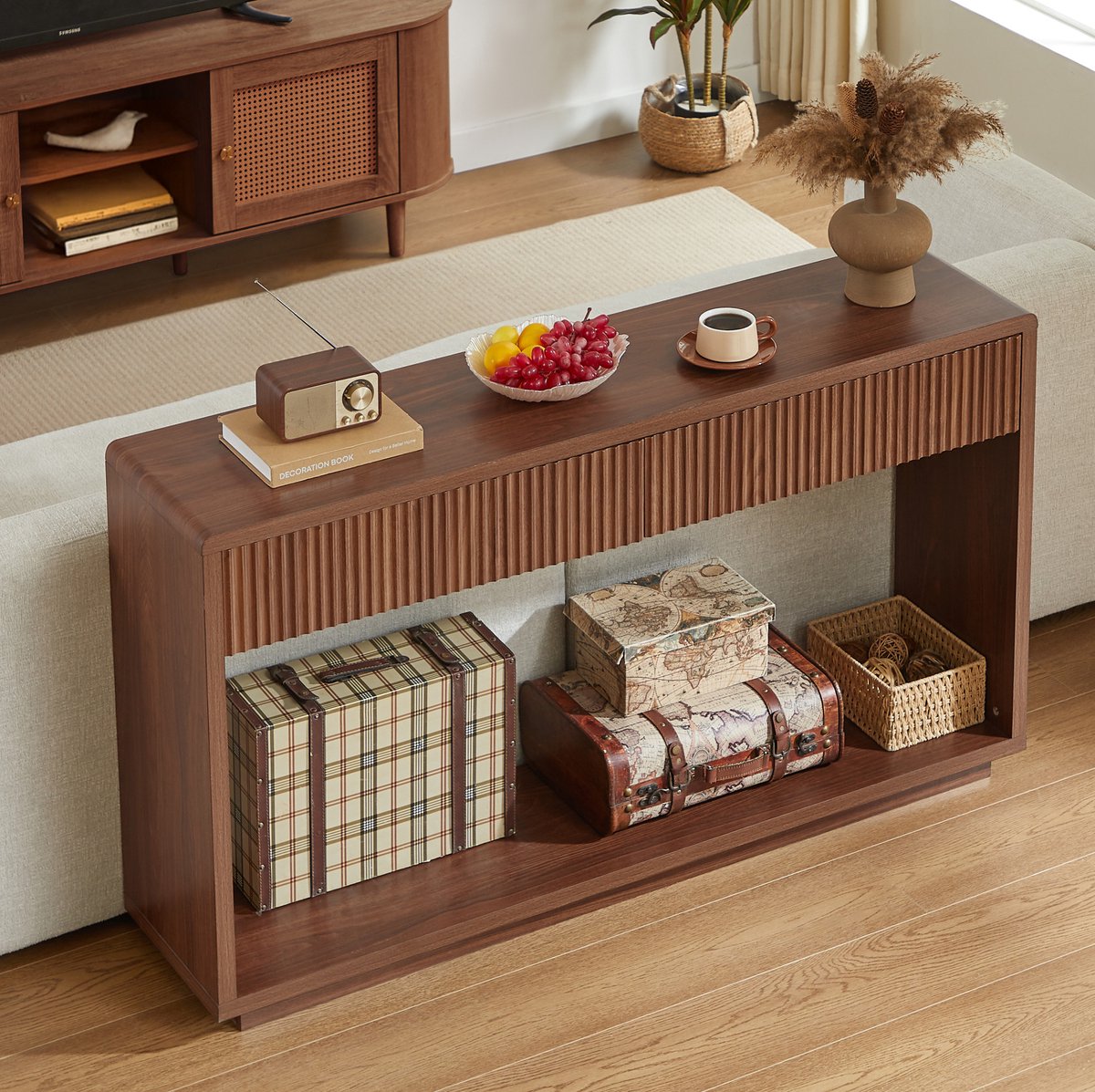 REDOM - Sidetable - Geribbelde fronten - Opbergruimte met 2 lades en open vak - Modern - Hal en woonkamer - Spaanplaat en MDF - Walnoot - 150 x 35 x 85 cm