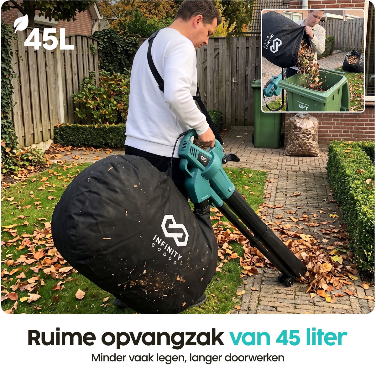 Infinity Goods Elektrische Bladblazer en Zuiger - 3500W - Versnipperfunctie - 45L Opvangzak - Op Snoer - 280 km/u Luchtsnelheid – foto 7