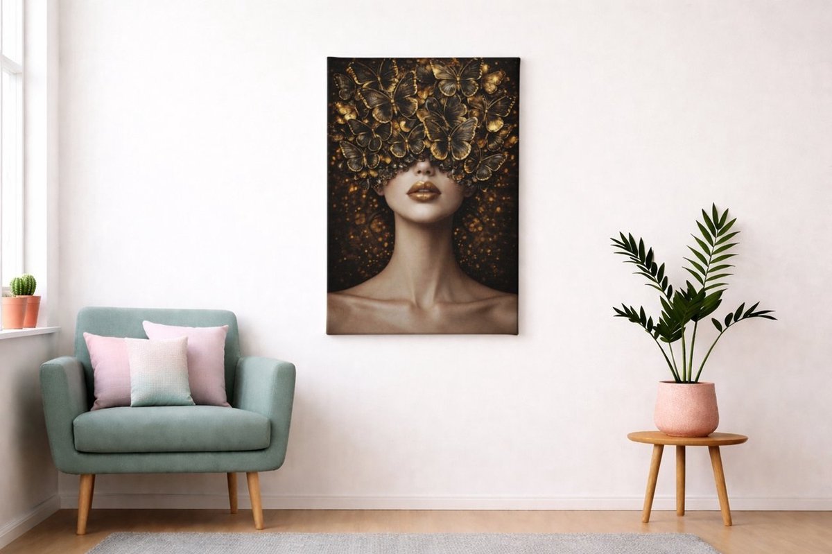 Canvas Schilderij Vlinders Vrouw – Goud Zwart – Luxe Wanddecoratie - 120 x 80 cm