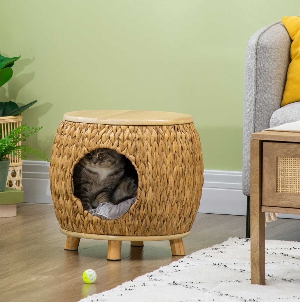 MODFU - Kattenhuis - Wasbaar Kussen - Houten Bovenblad - Lichtbruin En Grijs - 44 X 43 X 42 Cm