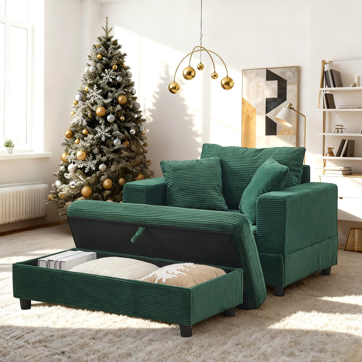 MODFU - Chaise Longue - Opbergruimte - 3 Kussens - Smaragdgroen - Ribstof - Modern