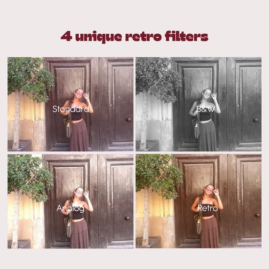 Vier voorbeelden van foto's met standaard, zwart-wit, analoog en retro filters.