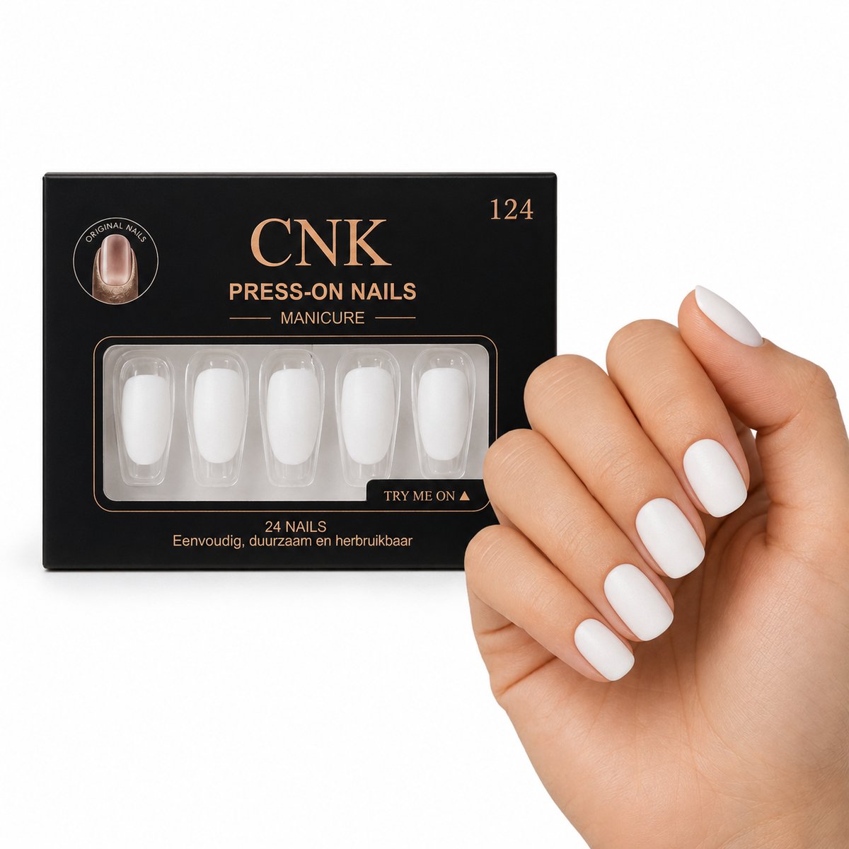 CNK 124 Press On Nails - Plaknagels - 24 Kunstnagels met Nagellijm, 24 Zelfklevende Plakstickers, Cleaner Wipe, Nagelvijl, Woodstick & Size Matcher - Nepnagels voor 7-14 Dagen - Herbruikbare Press-On Nagels - Starterspakket voor Manicure & Nail Art