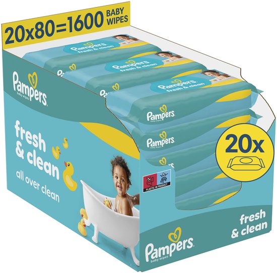 Doos met 20 verpakkingen Pampers Fresh Clean babydoekjes, 80 per pak. Turquoise met gele accenten en afbeelding van badende baby.