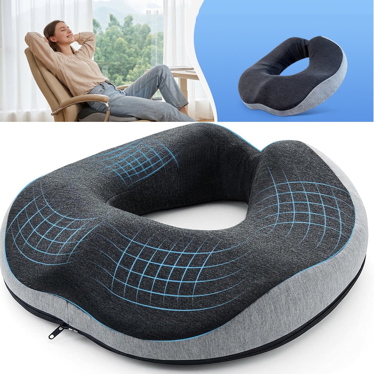 Donutkussen Van Traagschuim - Ergonomisch Orthopedisch Ringkussen - Ademende Wasbare Hoes - Zitkussen