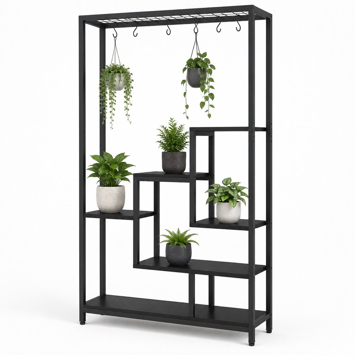 DMG Supply Plantenrek - 5 Niveaus en 7 Legplekken - 10 S-Haken - 100 x 30 x 180 cm - Zwart - Metaal