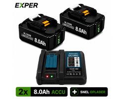 EXPER 18V Accu geschikt voor Makita - 2 Stuks - snellader LXT DC18RD - 18V 8.0Ah Batterij - Vervangende Accu - 8000mAh - LED display - Li-ion Accu - LED Display - Accuboormachine - 18V BL1830B BL1860B BL1840B BL1815 LXT-400 BL1850B