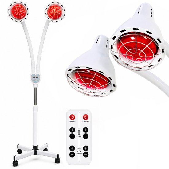 Staande infraroodlamp met twee verstelbare witte lampenkappen met rode gloeilampen en een afstandsbediening.