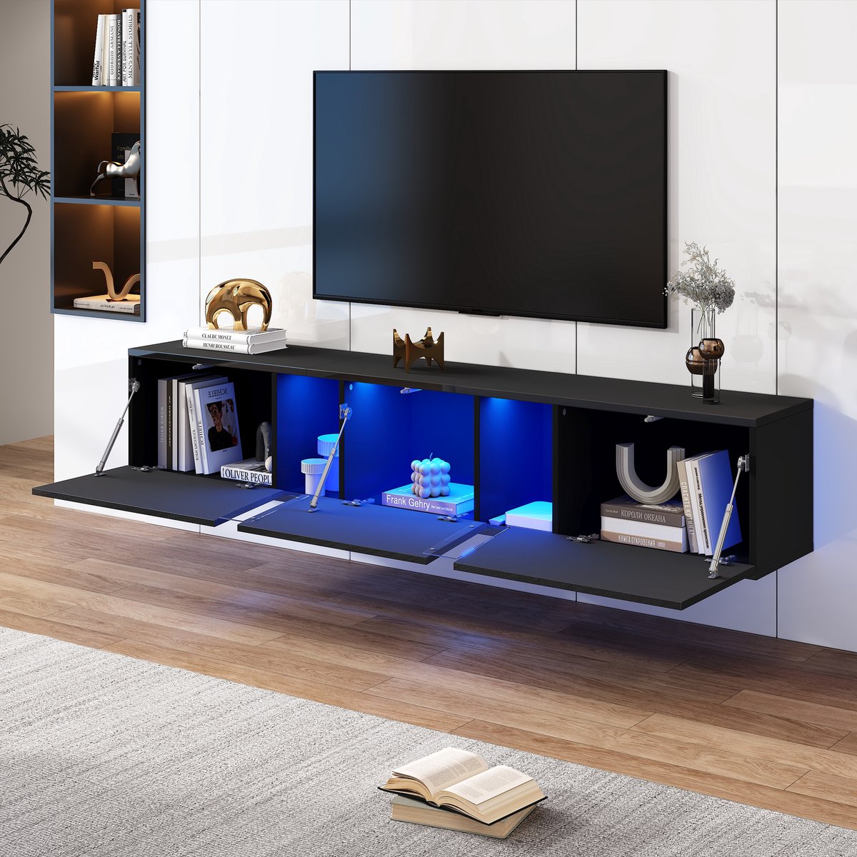 REDOM - TV meubel - Wandmontage - LED-verlichting met app-bediening - 3 kleppen - modern - woonkamer - spaanplaat en acryl - zwart - 180 x 35 x 30 cm
