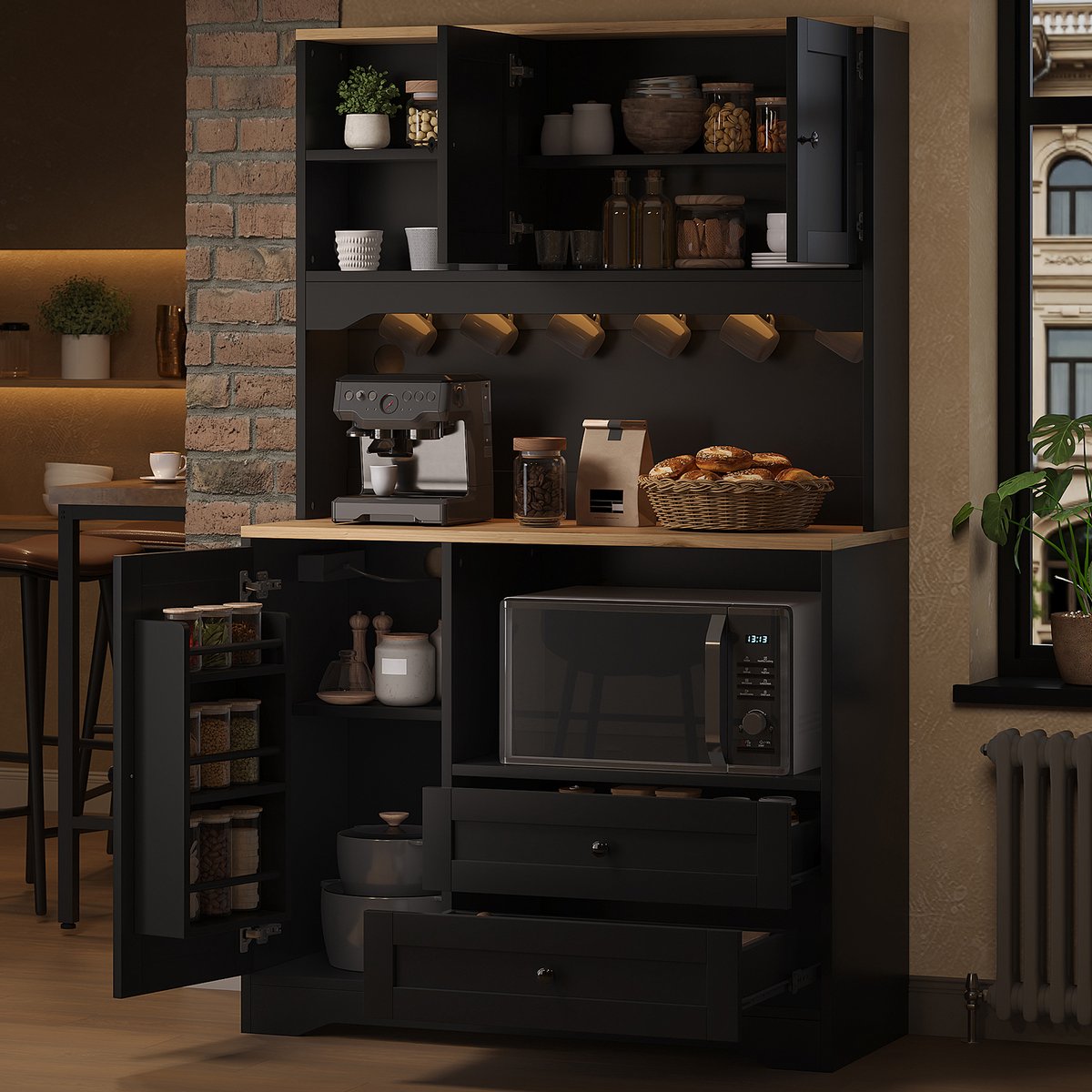 REDOM - Hoge keukenkast - met LED-verlichting en stopcontact - met magnetronvak en verstelbare legplanken - MDF - Zwart - 100 x 40 x 163 cm