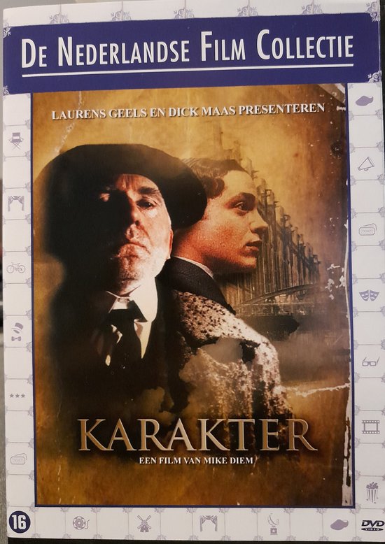 DVD-hoes van 'Karakter', een Nederlandse film. Twee mannen in pak op de voorgrond, met op de achtergrond een oude, bruine wand.