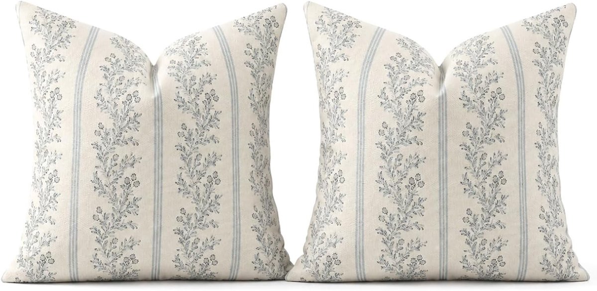 Set van 2 Kussenhoezen, Decoratieve Kussens, Lichtblauw Linnenmix met Vintage Botanische Strepen voor Woonkamer, Landhuis en Boho Interieurdecoratie