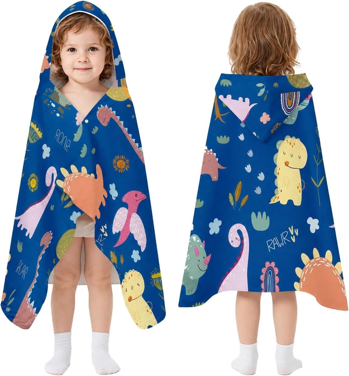 Badhanddoek met capuchon voor kinderen, dinosaurusmotief, absorberende microvezel poncho, ideaal voor strand en zwembad, geschikt voor meisjes en jongens van 4-12 jaar