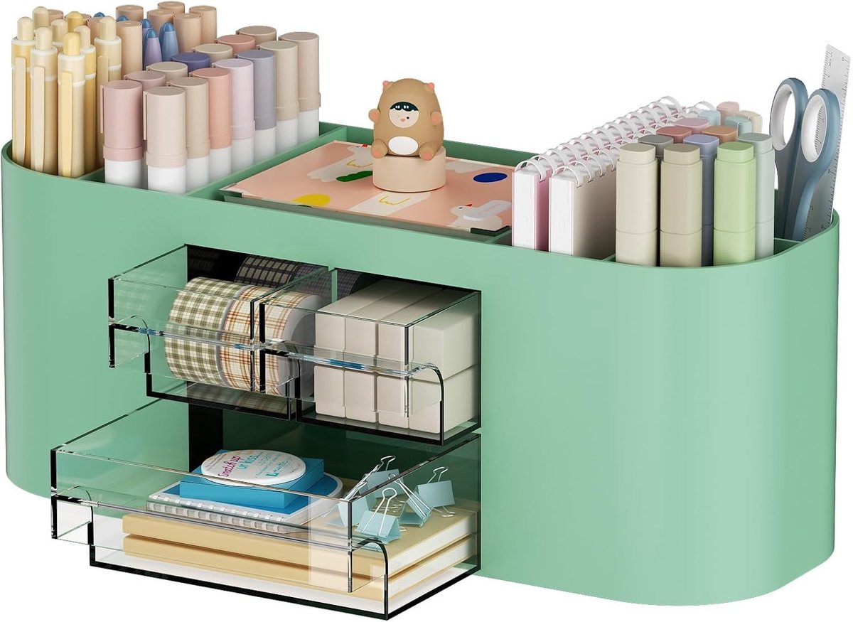 Multifunctionele Bureau Organizer met 3 Laden, Pennenhouder en 7 Vakken voor Thuis, School en Kantoor (Groen)