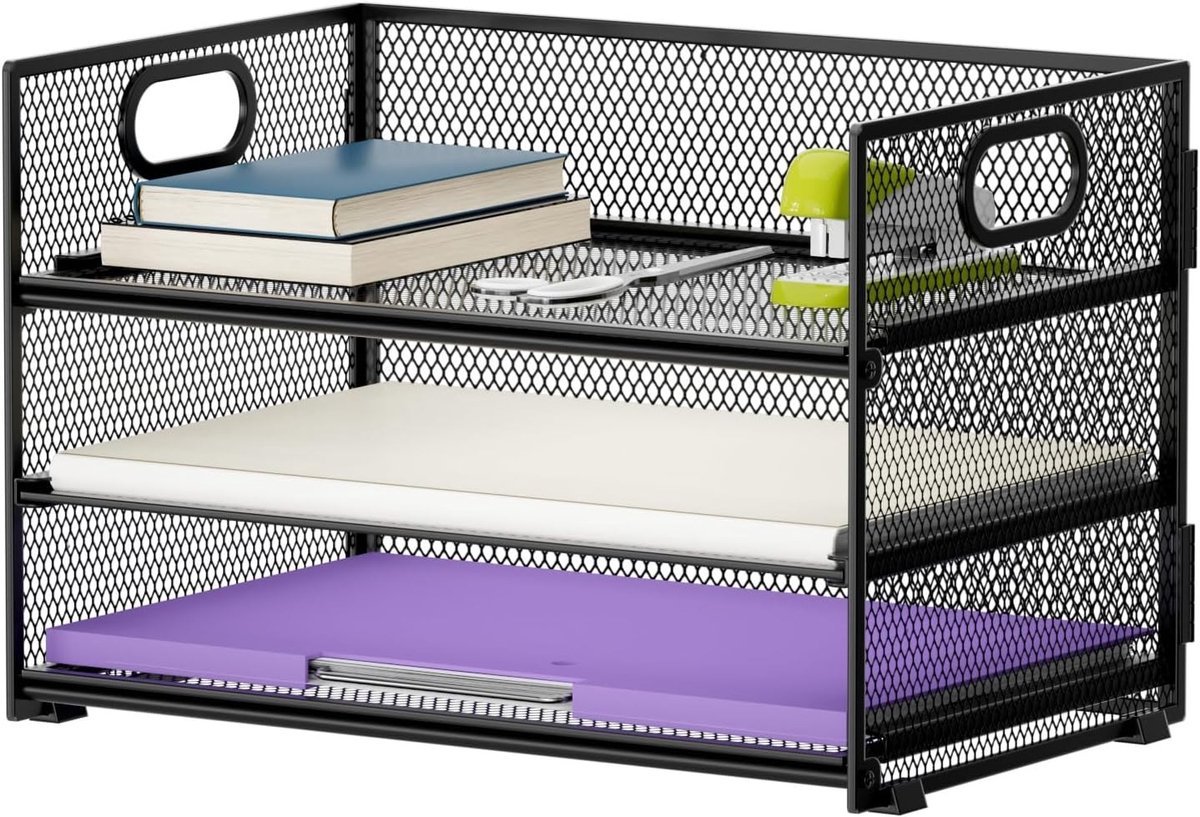 Praktische Desk Organizer met 3 Lagen, Handige Briefhouder en Opbergcompartimenten voor Thuis en Kantoor (Zwart)