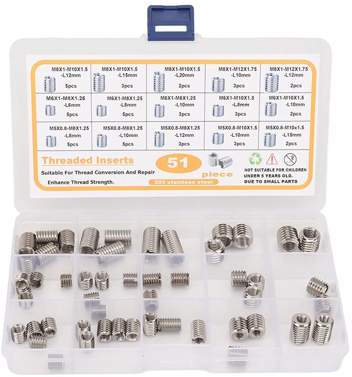 Set van 51 Draadverkleiners, Slotted Moeren, Vrouwelijke Draad M5 tot M8, RVS Bevestigingsmaterialen en Schroefhulzen