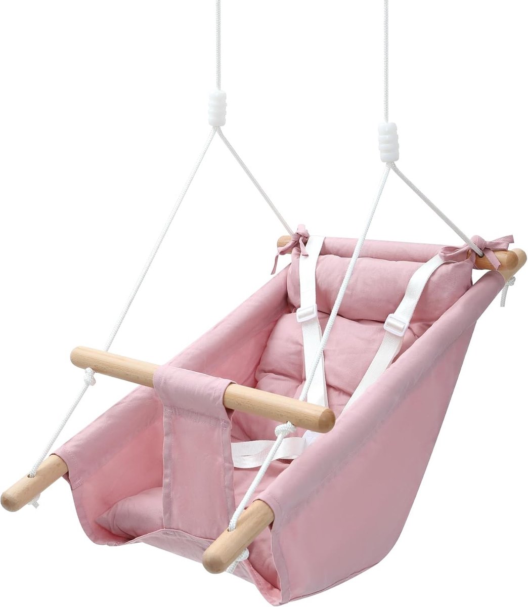 3-in-1 babyschommel voor kinderen vanaf 6 maanden met 5-punts riem, meegroeiende hangstoel van ademend katoen en hout, kinderschommel tot 50 kg voor binnen en buiten, ideaal voor huis en tuin, roze