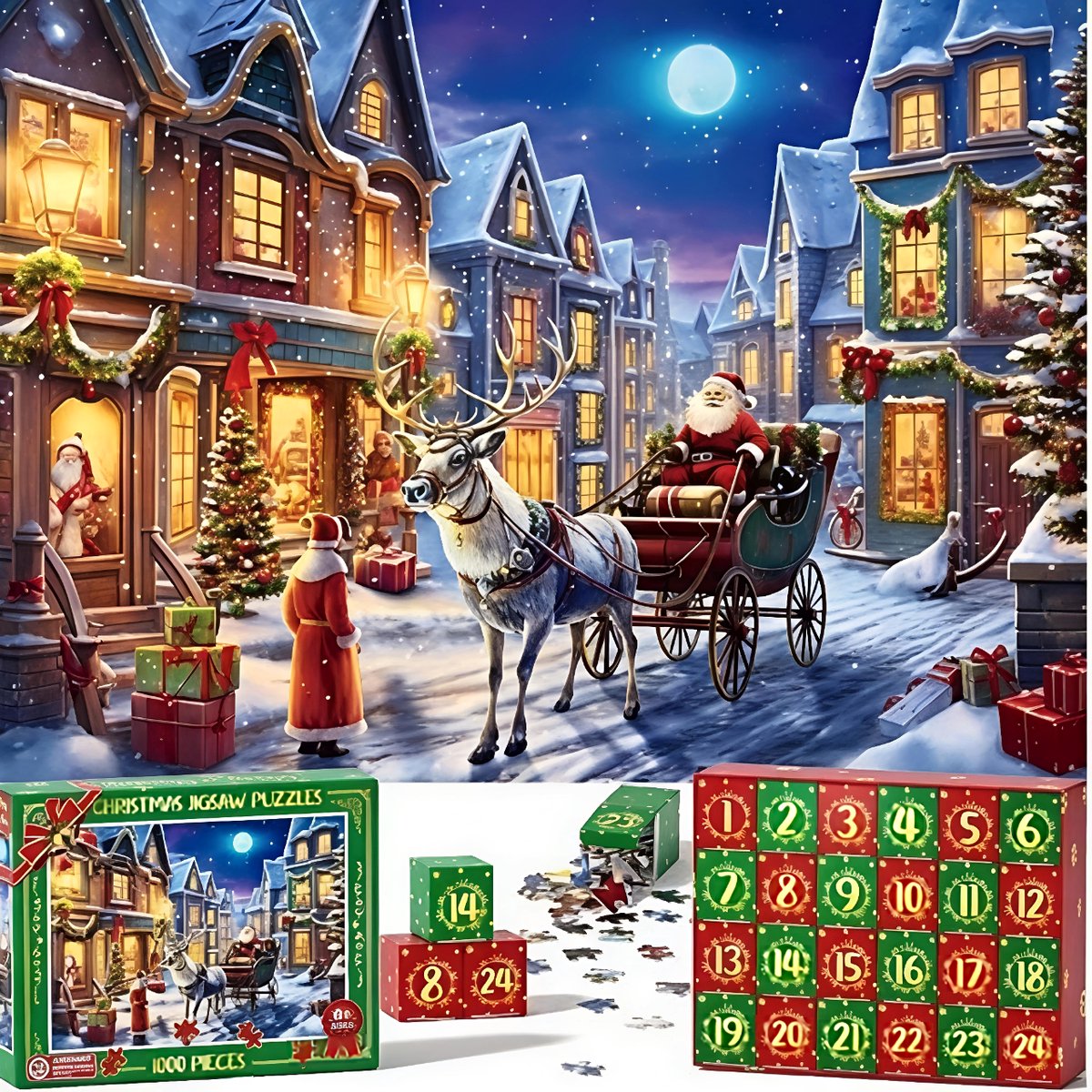 Adventskalenderpuzzel 2026 (1000 stukjes) - 24-daagse adventskalender - Inclusief 24 minifiguren en een leuk cadeautje - Kerstcadeau - DRAGONORE